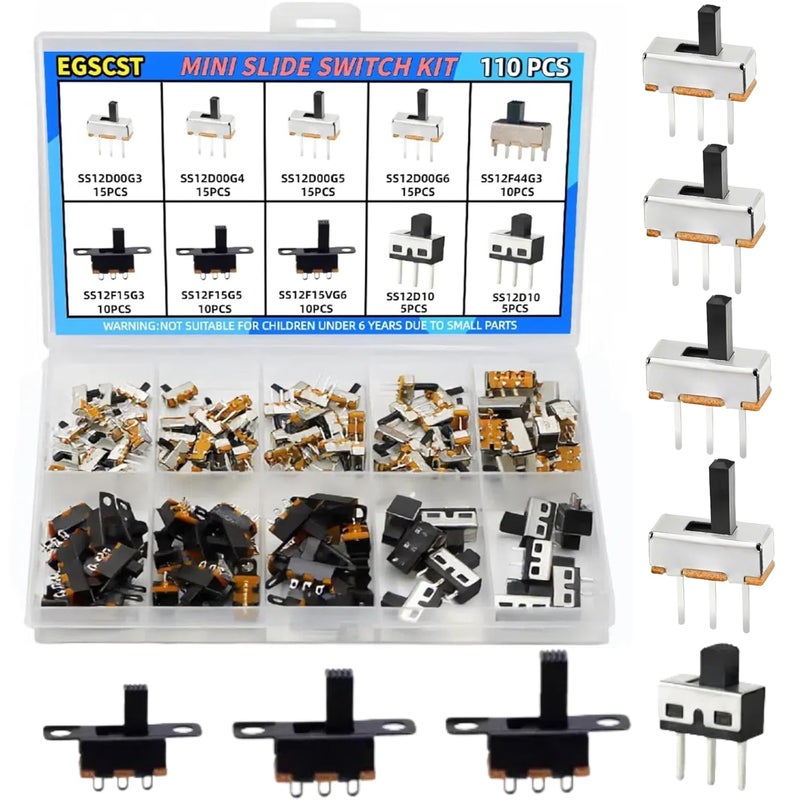 EGSCST 110PCS 9 قيم مجموعة مفاتيح التبديل الصغيرة الميكروية SPDT 1p2t مفاتيح التبديل 2 موضع 3 دبابيس صغيرة مصغرة عمودية تركيب على اللوحة - SS12D00 SS12F15 SS12D10 SS12F44 - Image 1